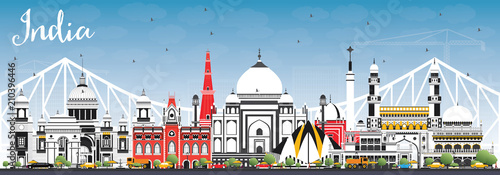 India City Skyline with Color Buildings and Blue Sky. Delhi. Hyderabad. Kolkata.