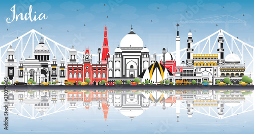 India City Skyline with Color Buildings, Blue Sky and Reflections.