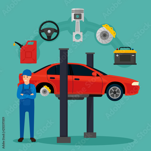 Car service and repair web banner. Worker in the process of repairing the car, tire service, diagnostics. Elements auto parts. Vector illustration in flat style. EPS10.