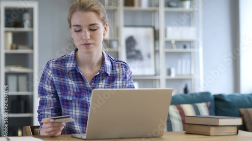 Excited Woman Shopping Online by Credit Card, Successsful Payment photo