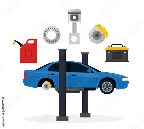 Car service and repair. Elements auto parts. Process of repairing the car. Vector illustration in flat style. EPS10.
