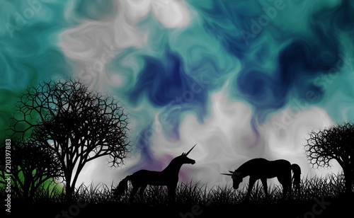 Fantasy forest with two unicorns on grassfield