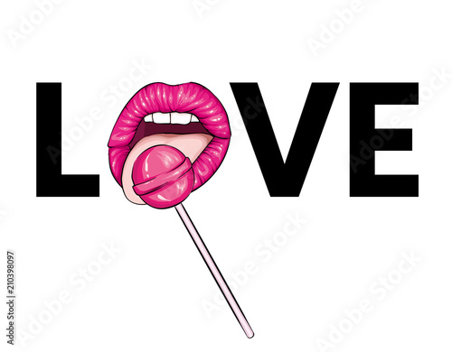 A girl licks a candy on a stick. Women's lips, tongue and sweet. Vector illustration. Love.
