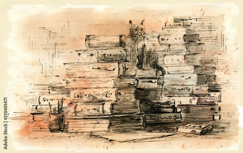 Stack of books, ink and watercolor drawing. Old books. Ancient folios and scrolls.