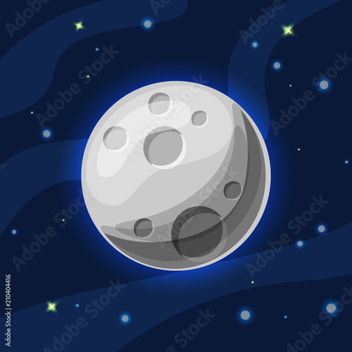 Vector grey and blue moon in deep dark blue space with cartoon glow. Flat modern style. Moon in space, vector illustration, with cosmic starry sky and cartoon milky way