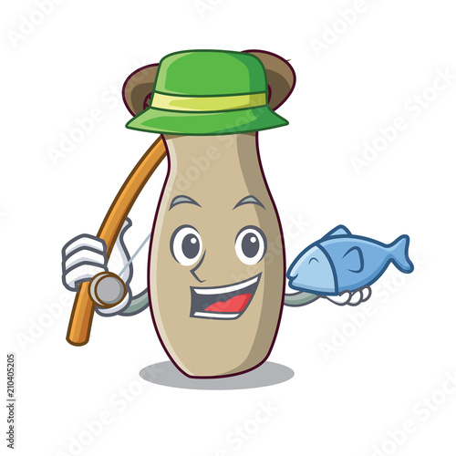 Fishing king trumpet mushroom mascot cartoon