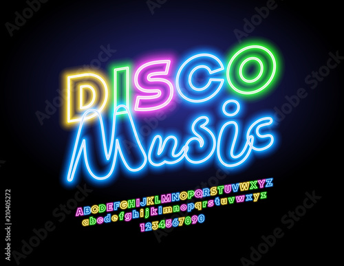 Vector neon Disco Music logo. Glowing colorful Font. Bright lighting Alphabet Letters  Numbers and Symbols