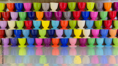 Colorful cups stacked on a glossy shelf