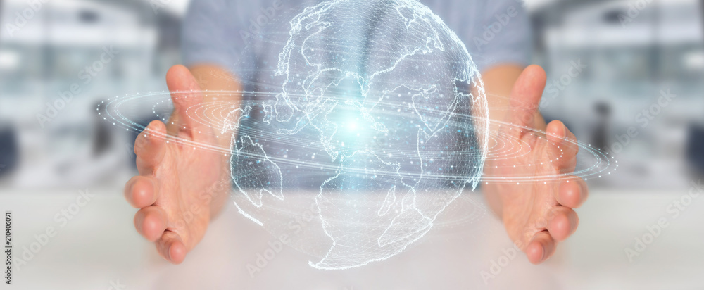 Businessman using globe network hologram with America Usa map 3D rendering Businessman using globe network hologram with America Usa map 3D rendering