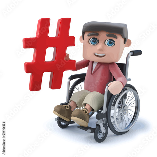 Vector 3d Cartoon boy in wheelchair holding a hash tag symbol