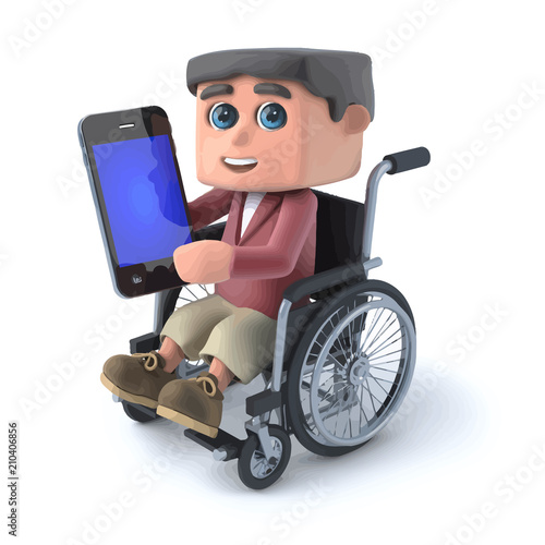 Vector 3d Boy in a wheelchair using a smartphone