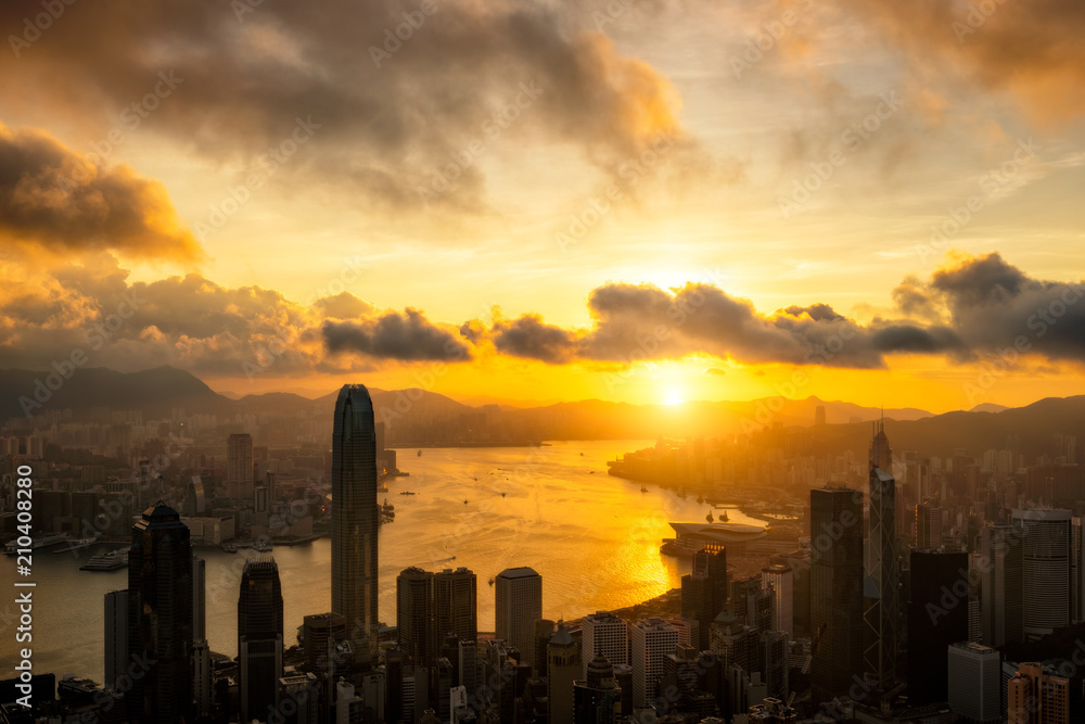 Aerial view of  Hong Kong City skyline at sunrise