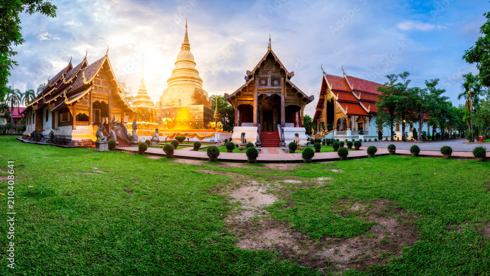 Naklejka premium Panorama of Wat Phra Singh temple. This temple contains supreme examples of Lanna art in the old city center of Chiang Mai,Thailand.