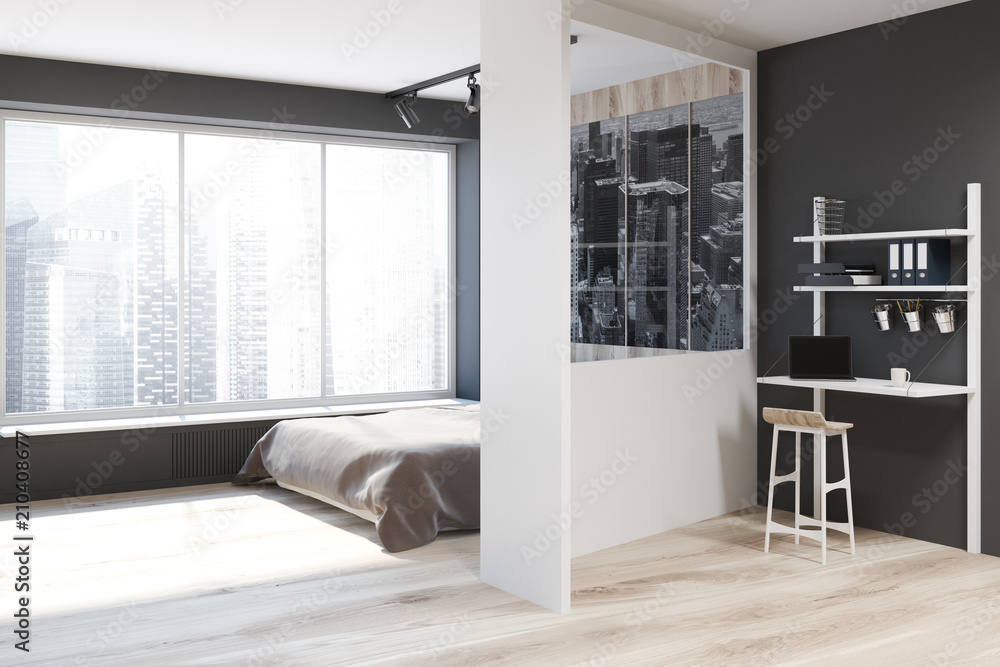 Fototapeta premium Scandinavian gray and white bedroom interior, side