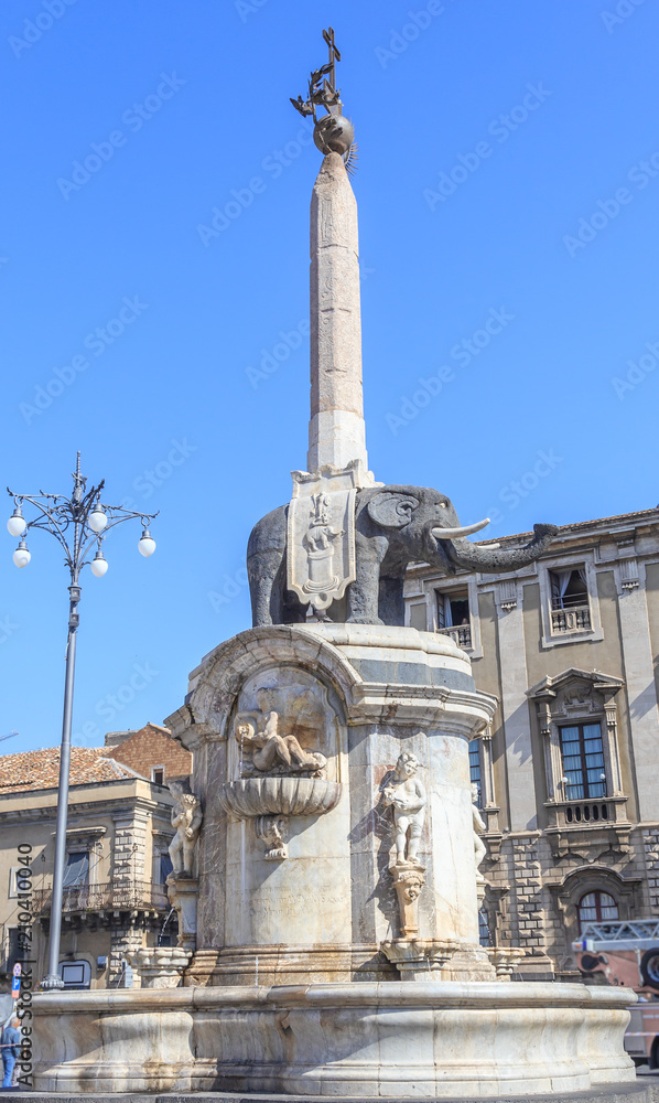 Fountain (Fontana) dell'Elefante at cathedral square ( Piazza Duomo) in Catania, Sicily is symbol of City