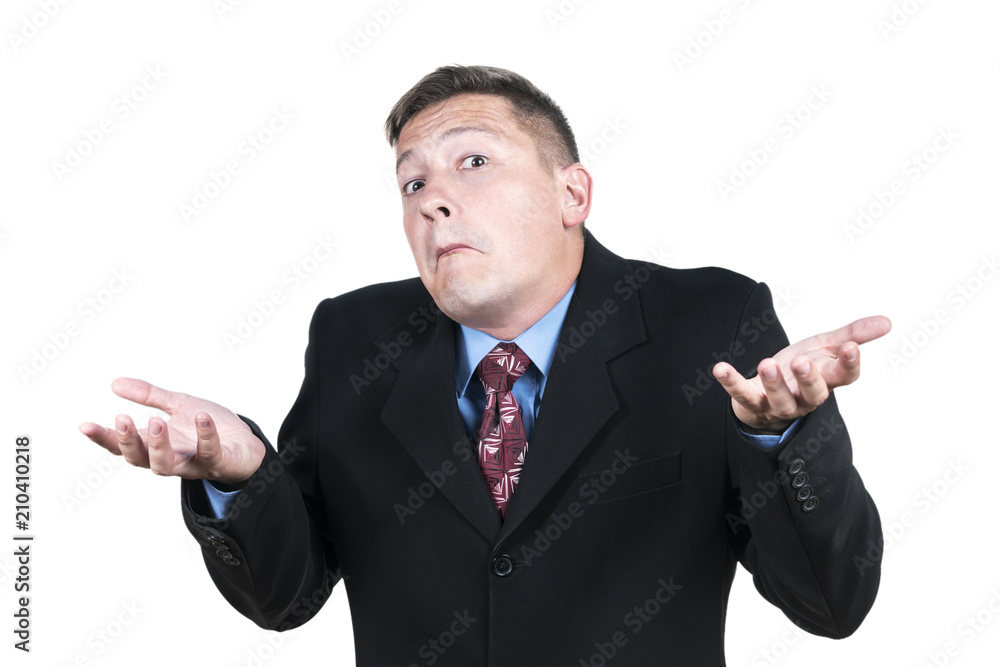 Portrait of a businessman shaking his shoulders with his hands apart, isolated on a white background Portrait of a businessman shaking his shoulders with his hands apart, isolated on a white background