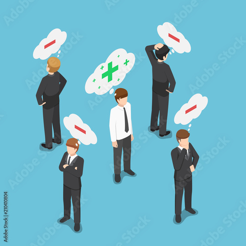 Isometric positive thinking businessman in the crowd of negative thinking people