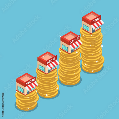 Isometric shopping store on the top of growing coin stack