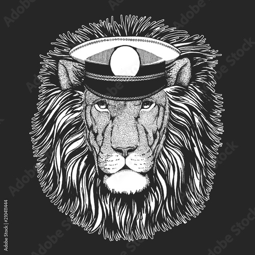 Wild lion. Vector print for children. Capitan, pirate animal. Brave sailor. Design for kindergarten, school kids clothing, t-shirts.