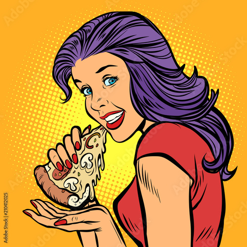 pizza. Hungry woman eating fast food