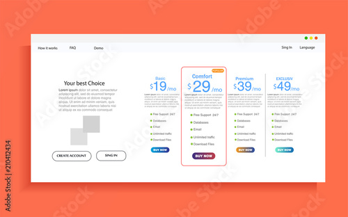 Set of offer tariffs. ui ux vector banner for web app. set of pricing table, order, box, button, list with plan for website in flat design.