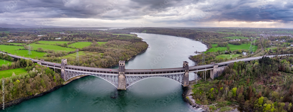 Fototapeta premium Robert Stephenson Britannia Bridge carries road and railway across the Menai Straits between, Snowdonia and Anglesey.