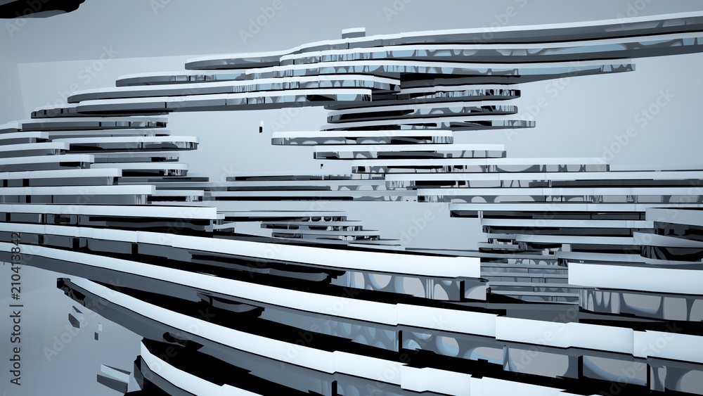 Abstract white and black interior multilevel public space with window. 3D illustration and rendering. Abstract white and black interior multilevel public space with window. 3D illustration and rendering.