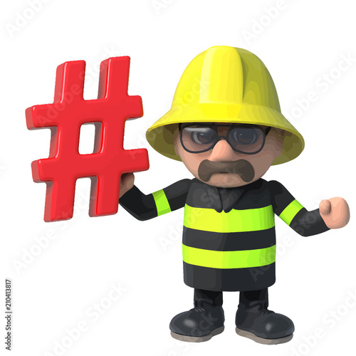 Vector 3d Funny cartoon fireman fire fighter holding a hash tag symbol