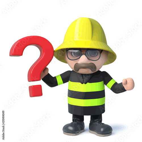 Vector 3d Funny cartoon fireman character holding a question mark