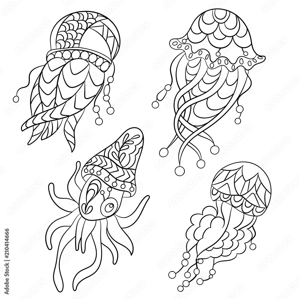 Fototapeta premium Coloring pages in vector graphic illustration for children and adults with ocean animals