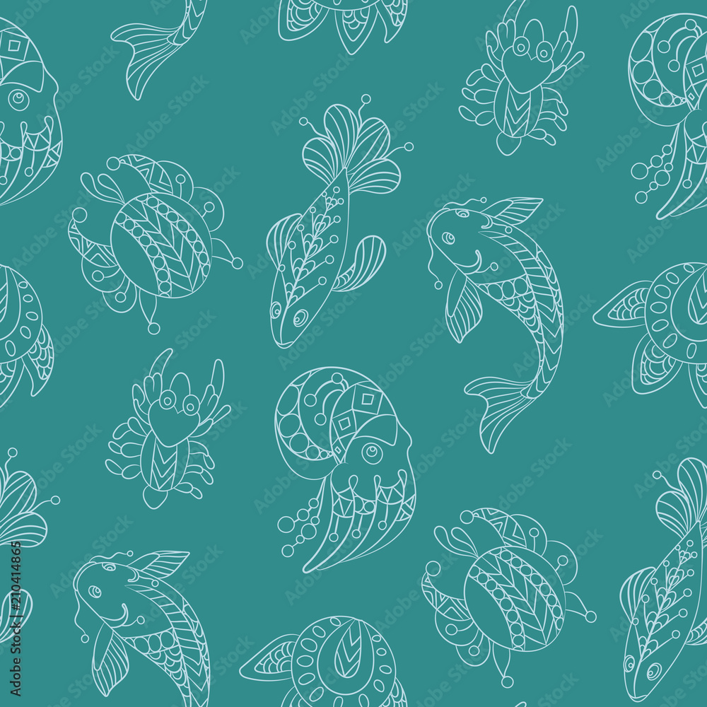 Seamless pattern in marine themes with wild sea animals and fishes in ornamental graphic vector illustratio Seamless pattern in marine themes with wild sea animals and fishes in ornamental graphic vector illustratio