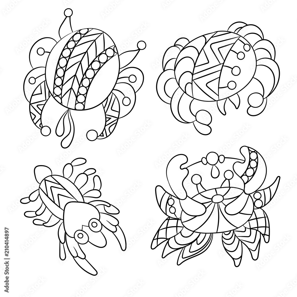 Coloring page with sea and ocean animals suh as crab and shrimp in vector Coloring page with sea and ocean animals suh as crab and shrimp in vector