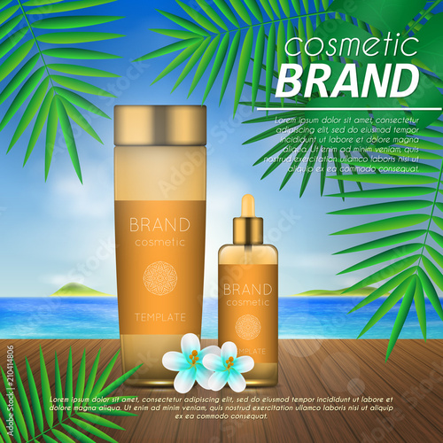 Summer sunblock cosmetic design template on beach background with exotic palm leaves. 3D realistic sun protection and sunscreen product ads.