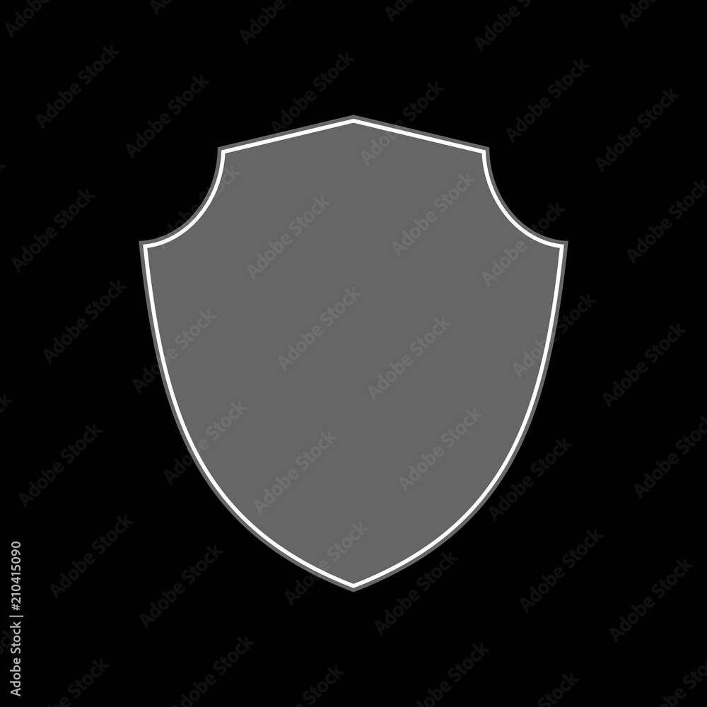 Shield shape icon. Gray label sign, isolated on black. Symbol of protection, arms, coat honor, security, safety. Flat retro style design. Element vintage heraldic emblem Vector illustration Shield shape icon. Gray label sign, isolated on black. Symbol of protection, arms, coat honor, security, safety. Flat retro style design. Element vintage heraldic emblem Vector illustration