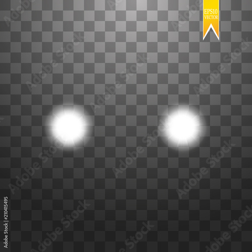 Realistic white glow of round beams of car headlights, isolated against a background of transparent gloom. Vector bright train lights for your design. Easy light flash
