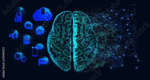 Left right human brain concept. Abstract image of a starry sky or space, consisting of points, lines, and shapes in the form of planets, stars and the universe. Low poly vector