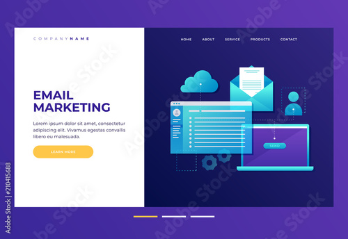 Header for website. Concept of web development. Communication concept, information dissemination, sending email. Laptop with open screen, open email and cloud storage. Flat illustration.