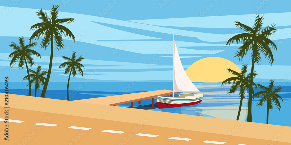 Beach, against the backdrop of a seascape, yacht sailing, palm trees, Cartoon style, vector illustration