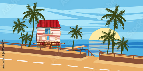 Seascape, road, house, palm trees, tropical, vacation, cartoon style, vector illustration