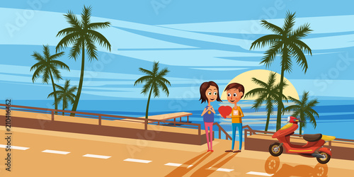 Couple sitting on the deck chairs at the sea. View from the back - Love or vacation concept. Vector illustration