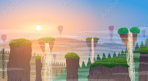 Fairy-tale mountains and forests and floating waterfalls on sunset.