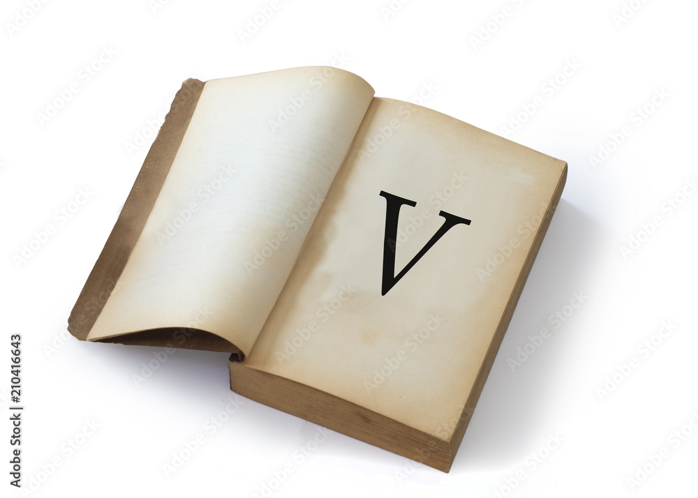 V letter on open old book V letter on open old book