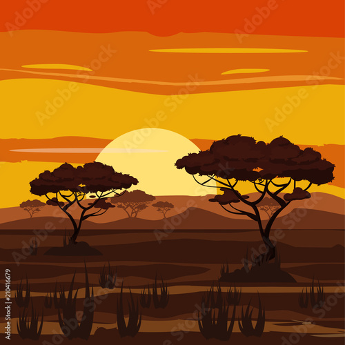 African landscape, sunset, savannah, nature, trees, wilderness, cartoon style, vector illustration