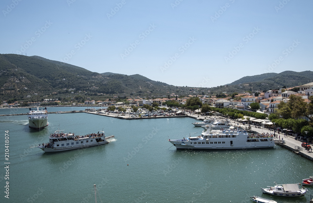 Panorama of the city of Skopelos with the harbor, Sporades, Greece.