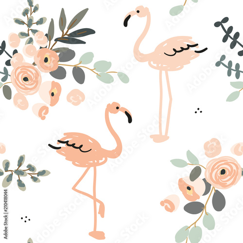 Naklejka Różowa flamingo i bukiety kwiatów z szarego liści na białym tle. Wektorowy bezszwowy wzór z tropikalnymi ptakami i kwiatami. Egzotyczna plaża letnia.