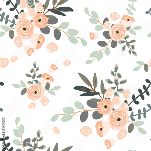 Blush pink floral bouquets on the white background. Vector seamless pattern with rose flowers. Exotic summer beach.
