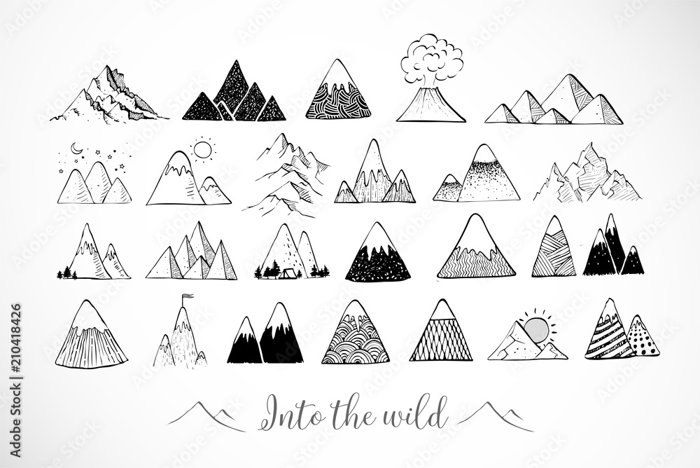 Fototapeta premium Zestaw ręcznie rysowane doodle szkic góry na białym tle