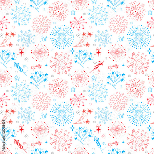 Seamless pattern with doodle fireworks in American flag colors