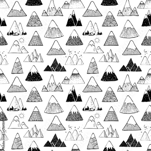Seamless background with doodle sketch mountains on white background. Can be used for wallpaper, pattern fills, textile, web page background, surface textures.