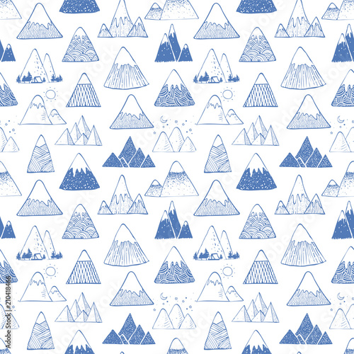 Seamless pattern with blue doodle sketch mountains on white background.  Can be used for wallpaper, pattern fills, textile, web page background, surface textures.